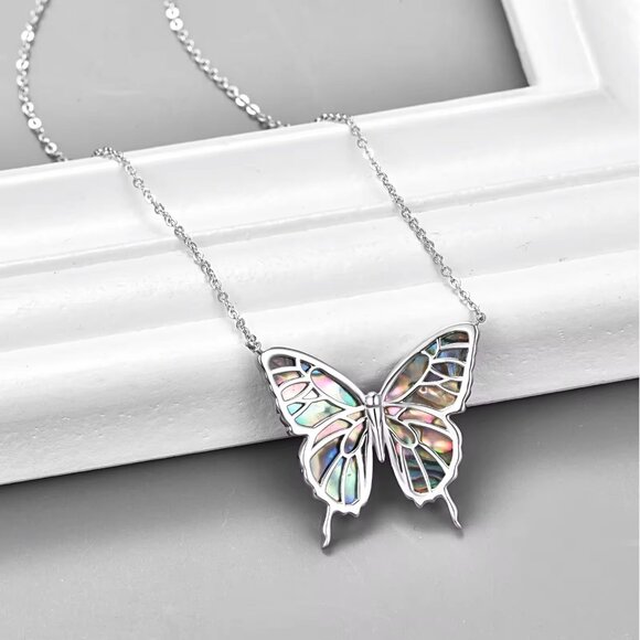 Butterfly Necklace, with clear link chain, Multi colors inlay Abalone Pendant - Picture 5 of 6